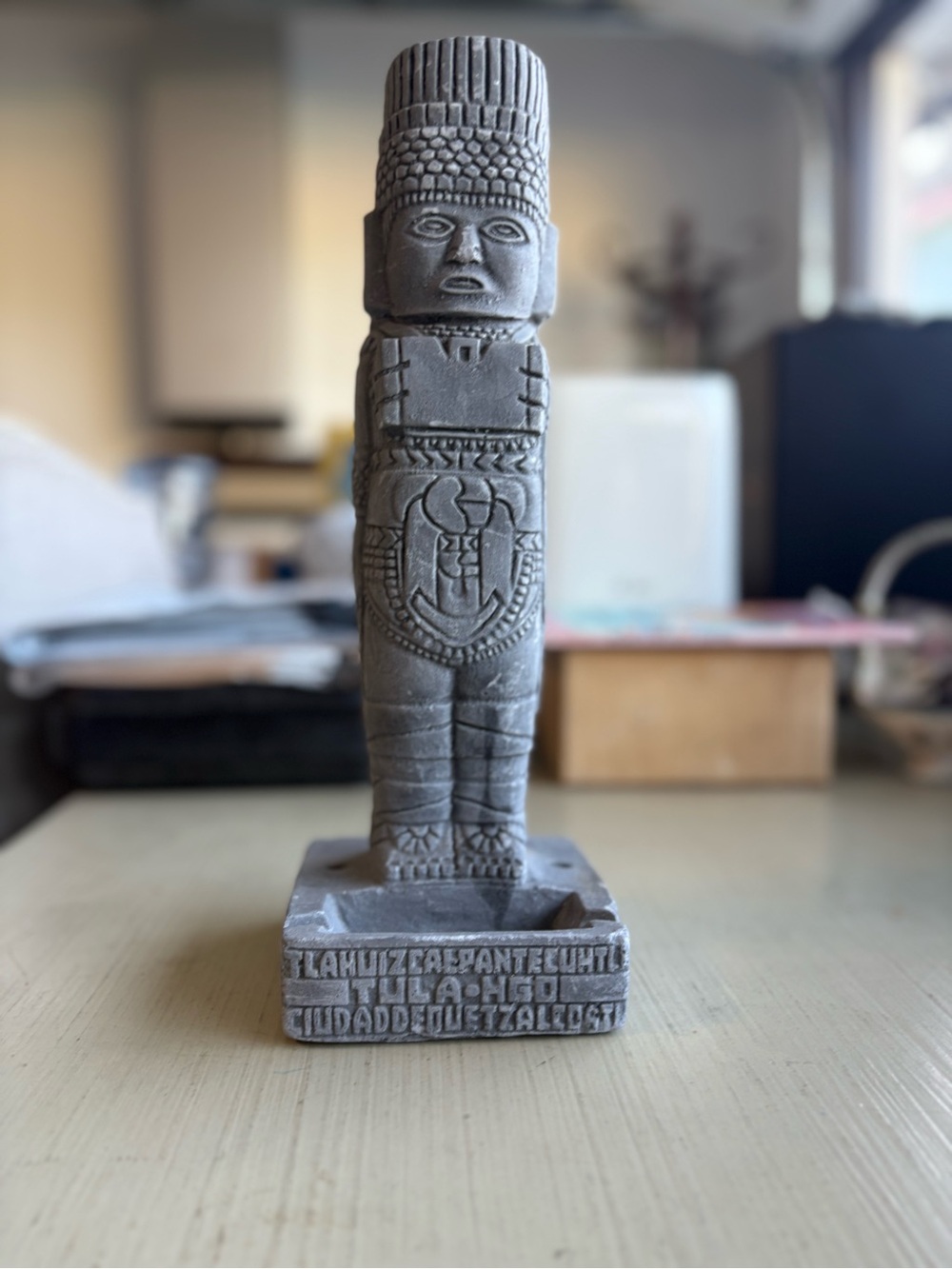 Antique Gray Aztec-Style Warrior Sculpture